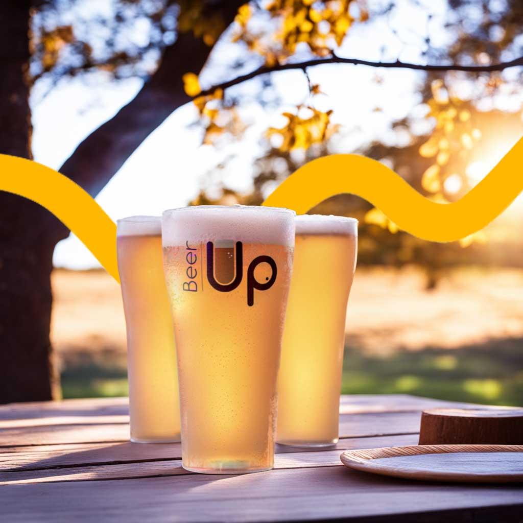 verres Beer Up sur une table en bois en extérieur