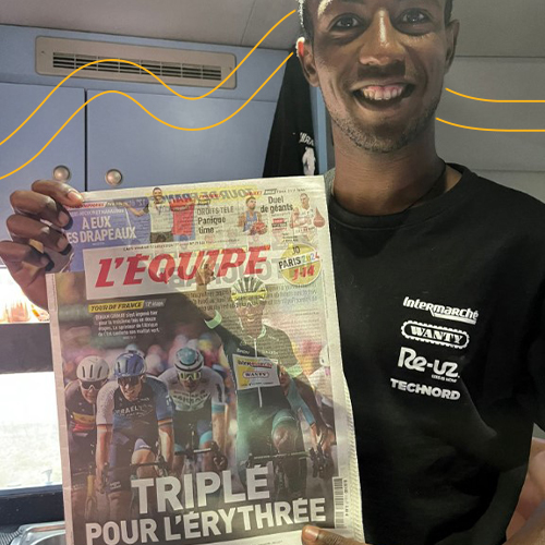 Biniam Girmay, coureur sponsorisé par Re-uz remporte le maillot vert lors du Tour de France avec Intermarché-Wanty